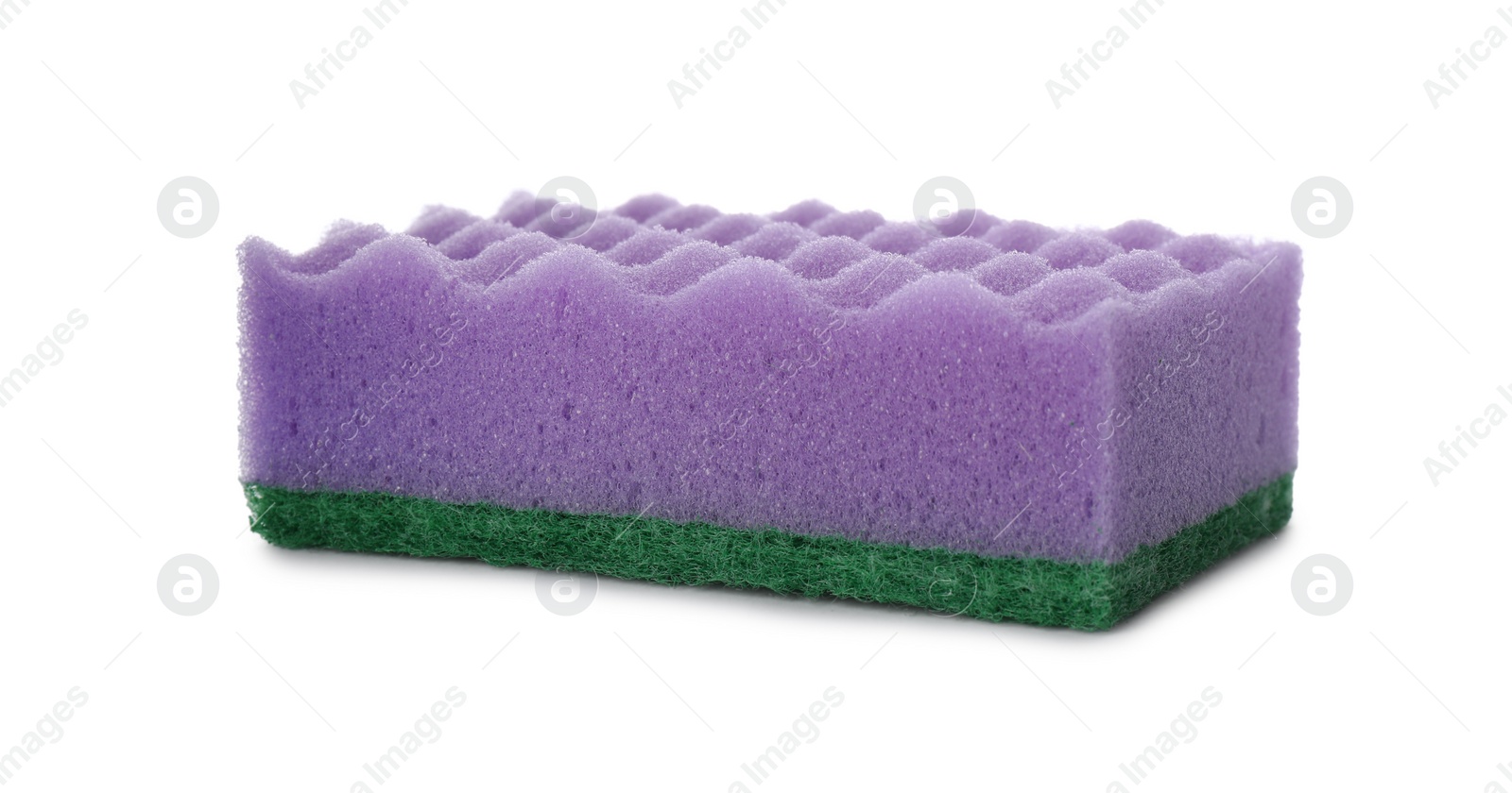 Photo of Purple cleaning sponge with abrasive green scourer isolated on white