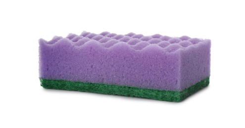 Photo of Purple cleaning sponge with abrasive green scourer isolated on white