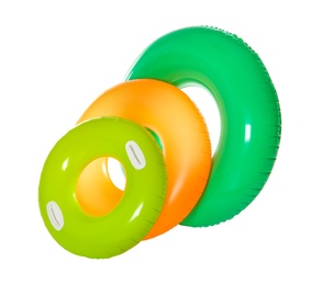 Different inflatable rings on white background. Summer holidays