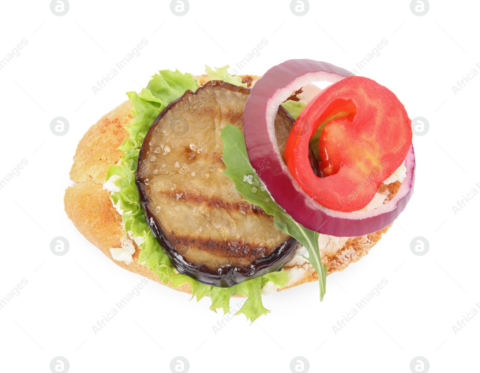 Photo of Delicious fresh eggplant sandwich isolated on white, top view