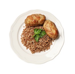 Photo of Plate with tasty buckwheat, fresh parsley and cutlets isolated on white, top view