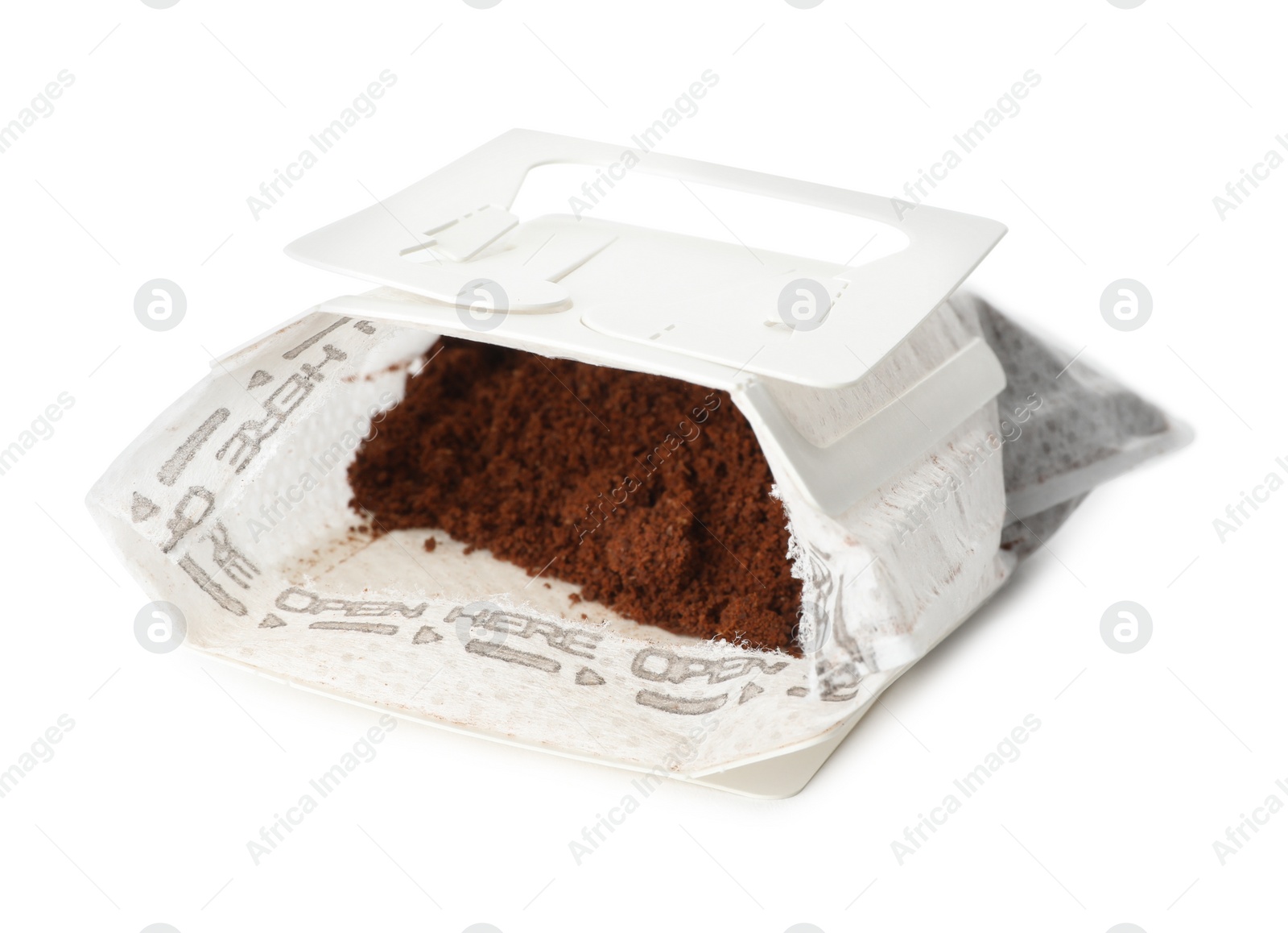 Photo of Open drip coffee paper bag isolated on white