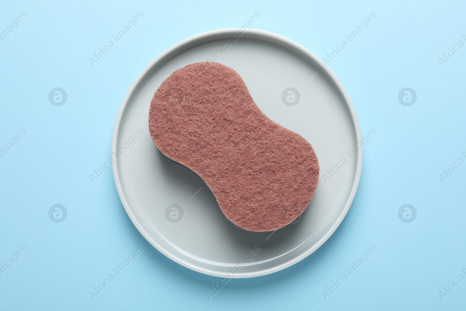 Photo of Plate with new sponge on light blue background, top view