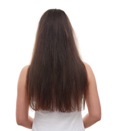 Photo of Woman with damaged hair before treatment isolated on white, back view
