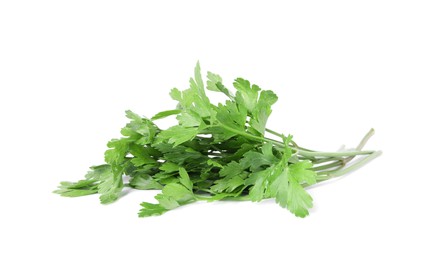 Photo of Sprigs of fresh green parsley leaves isolated on white