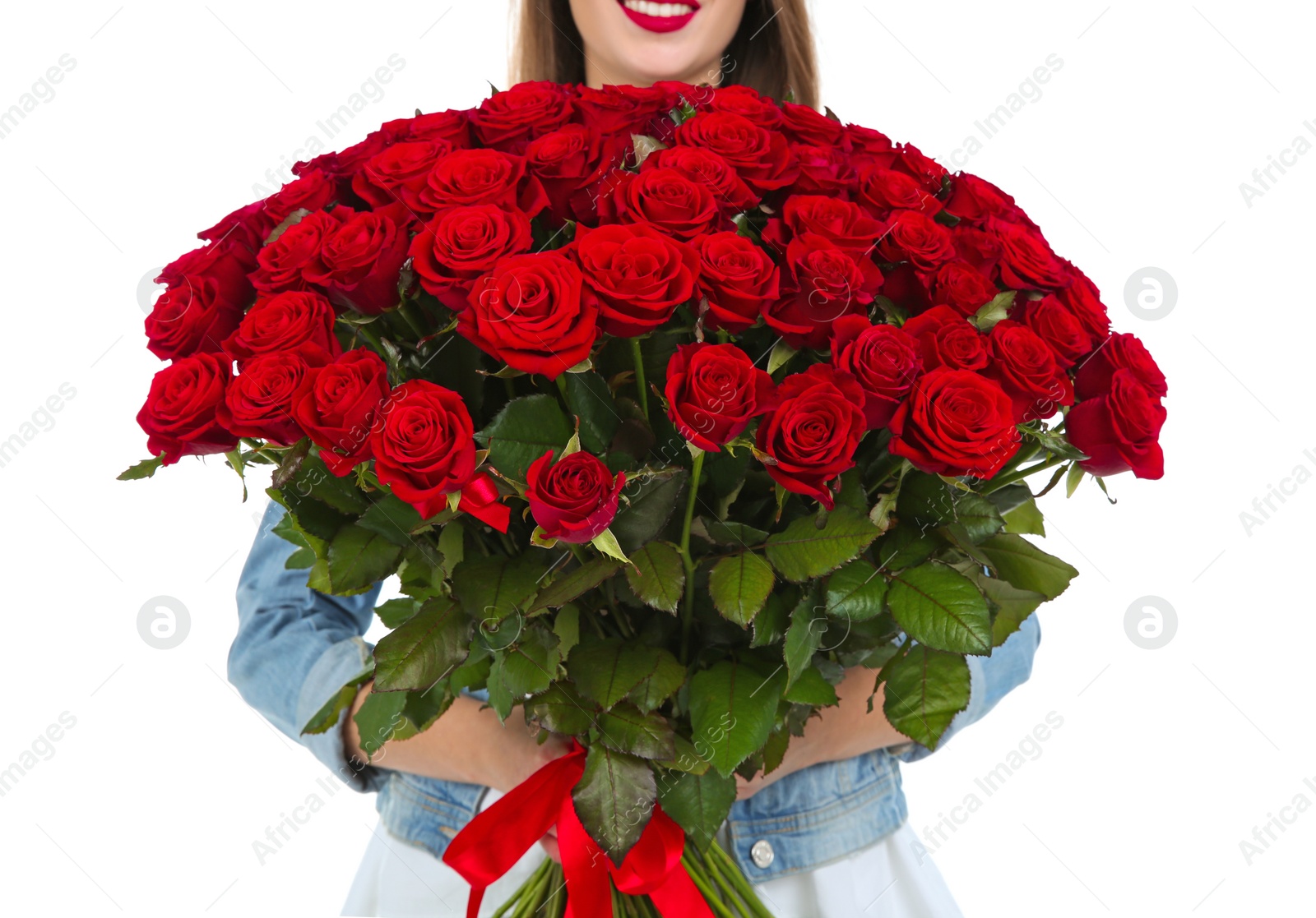 Photo of Young woman with bouquet of roses on white background, closeup