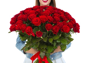 Photo of Young woman with bouquet of roses on white background, closeup