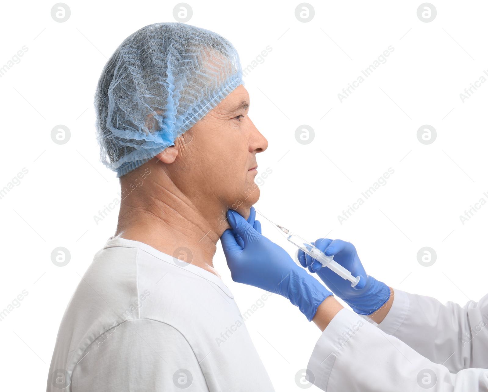 Photo of Mature man with double chin receiving injection on white background