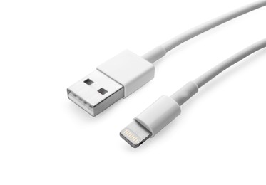 Photo of USB to lightning cable isolated on white. Modern technology