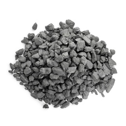 Photo of Heap of coal isolated on white, top view. Mineral deposits