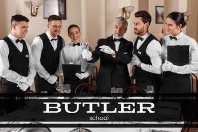 Image of Butler school. People during table setting lesson with senior teacher indoors