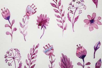 Photo of Floral watercolor pattern on white background, top view