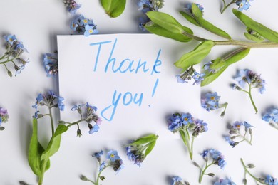 Photo of Card with phrase Thank You and beautiful forget-me-not flowers on white background, flat lay