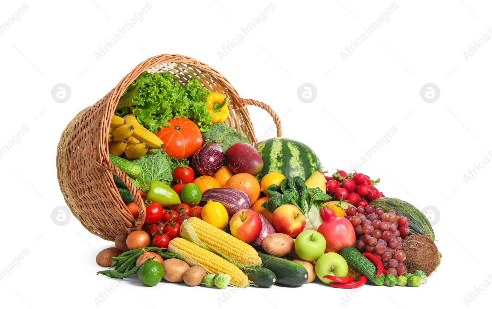 Photo of Assortment of fresh organic fruits and vegetables on white background