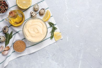 Photo of Delicious homemade mayonnaise, spices and ingredients on grey table, top view. Space for text