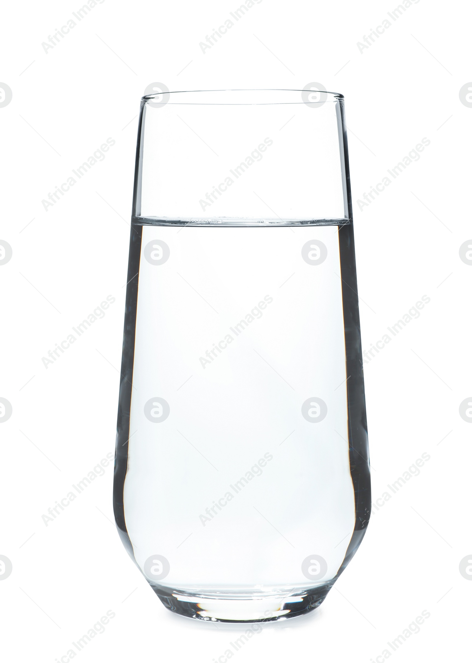 Photo of Glass of cold clear water on white background. Refreshing drink