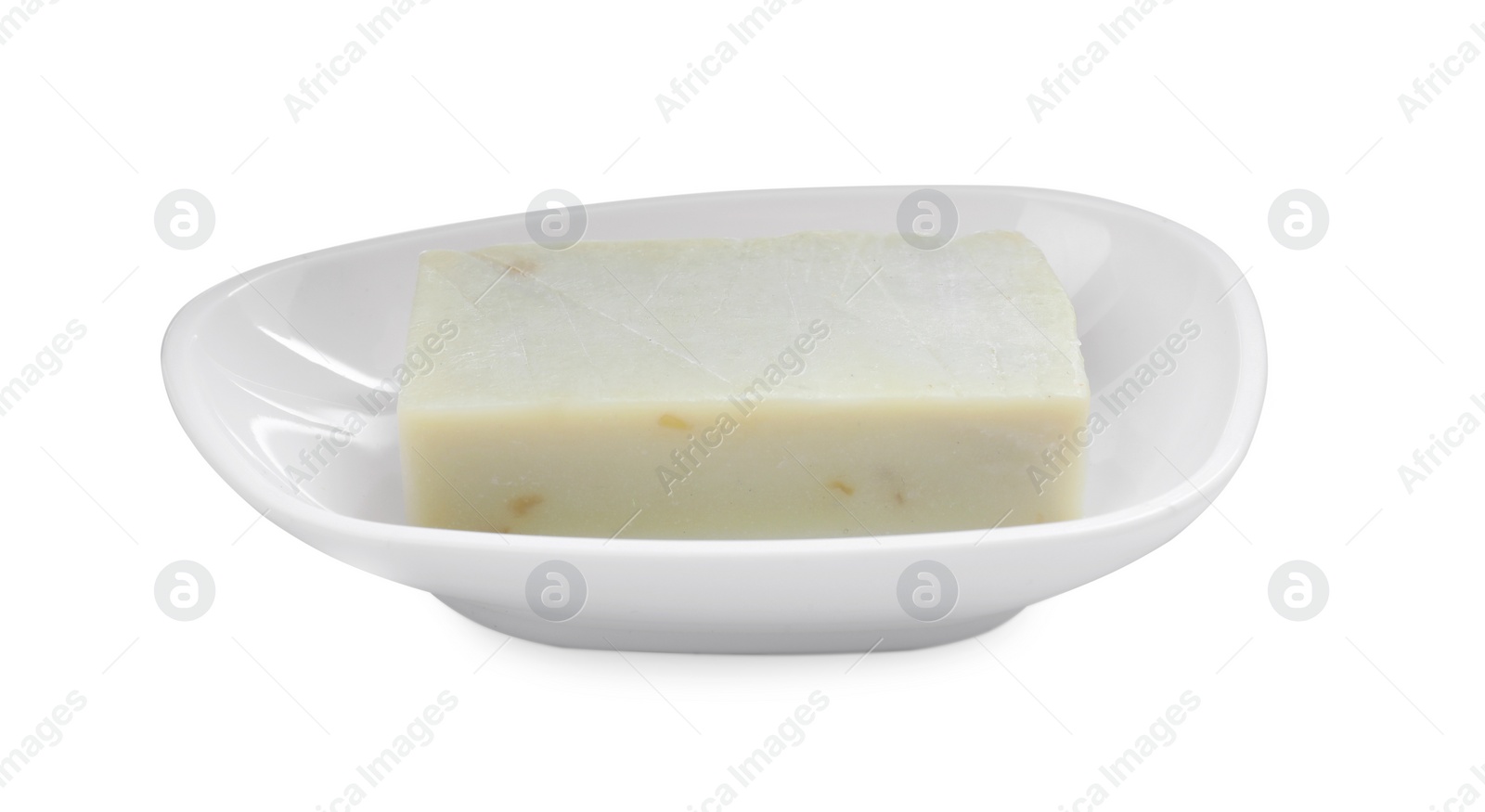 Photo of Holder with soap bar on white background