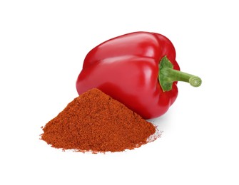 Photo of Heap of aromatic paprika powder and fresh bell pepper isolated on white