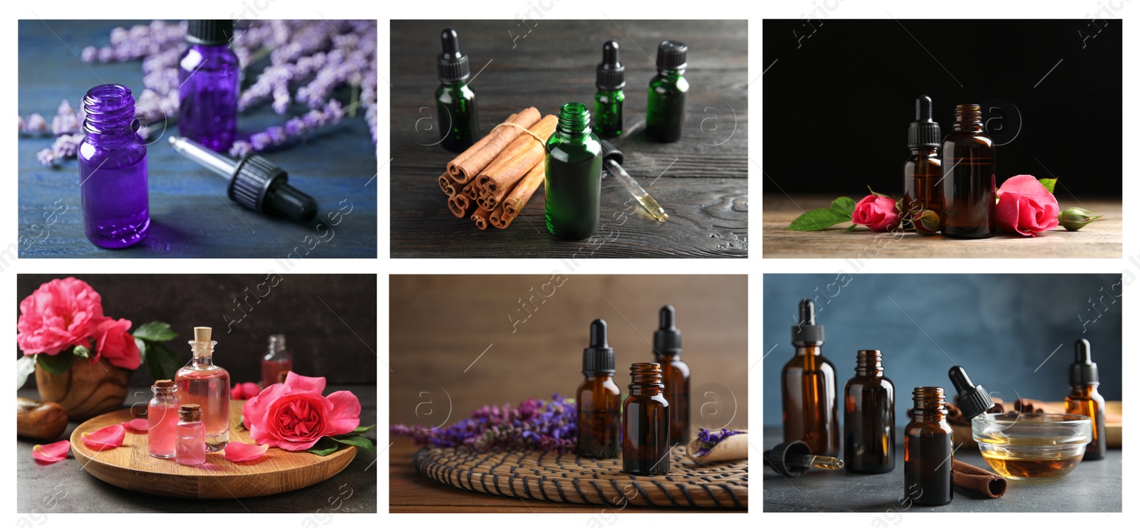 Image of Collage of different photos with essential oils. Banner design