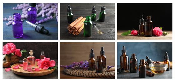 Image of Collage of different photos with essential oils. Banner design