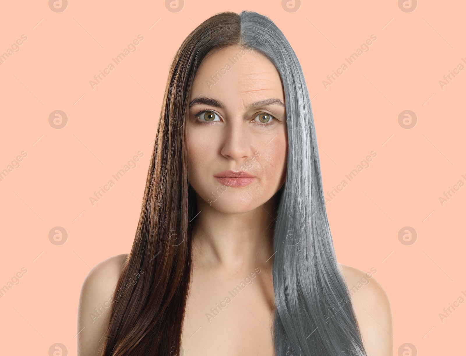 Image of Natural aging, comparison. Portrait of woman in young and old ages on beige background