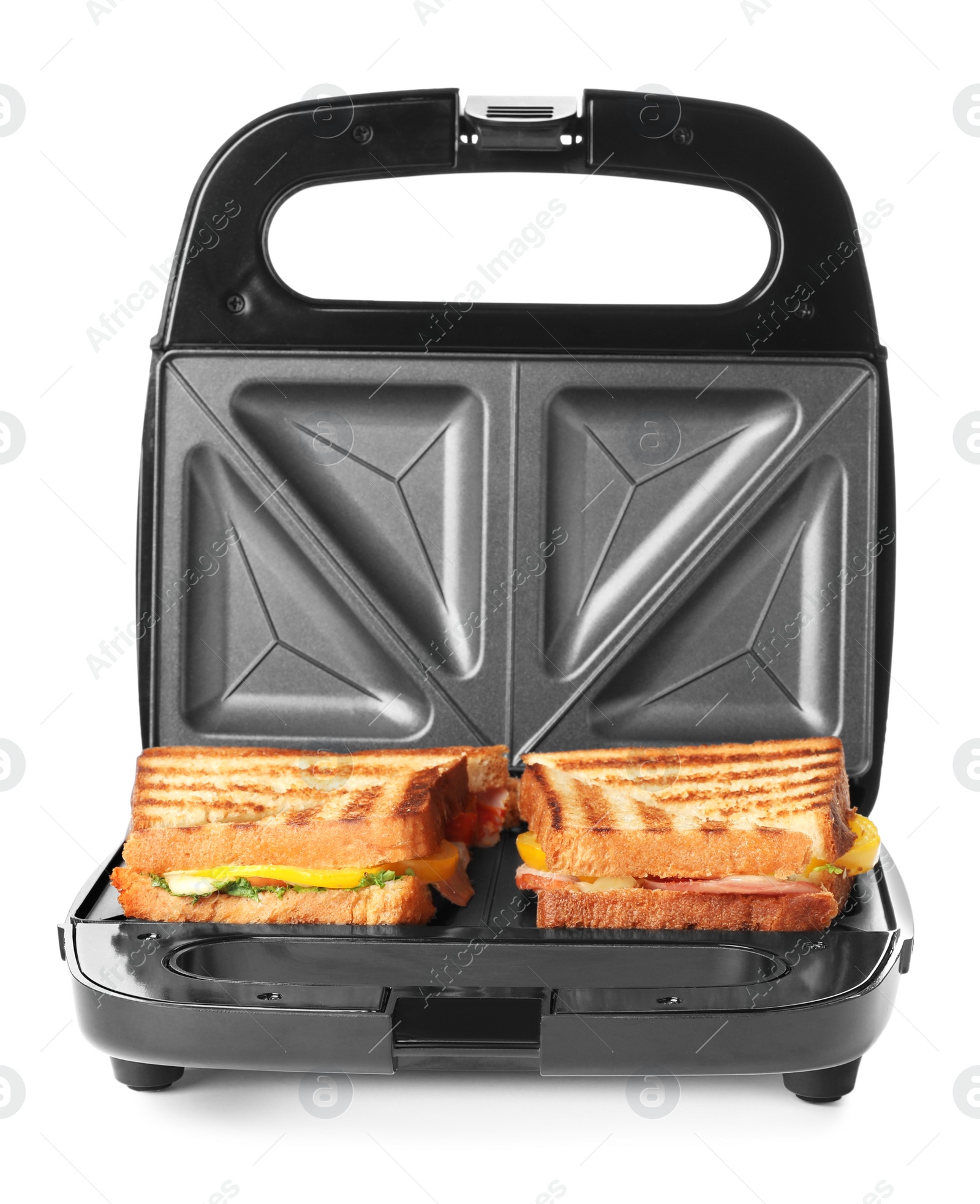 Photo of Modern grill maker with tasty sandwiches on white background