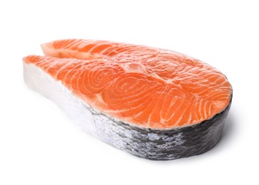 Photo of Fresh raw salmon steak isolated on white