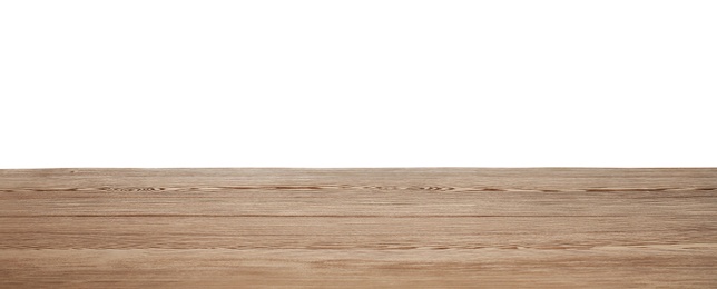 Photo of Stylish wooden table top against white background