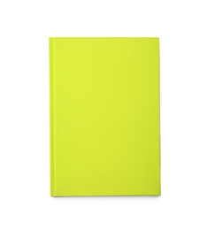 Photo of Stylish green notebook isolated on white, top view