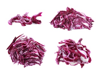 Image of Piles of chopped red cabbage on white background