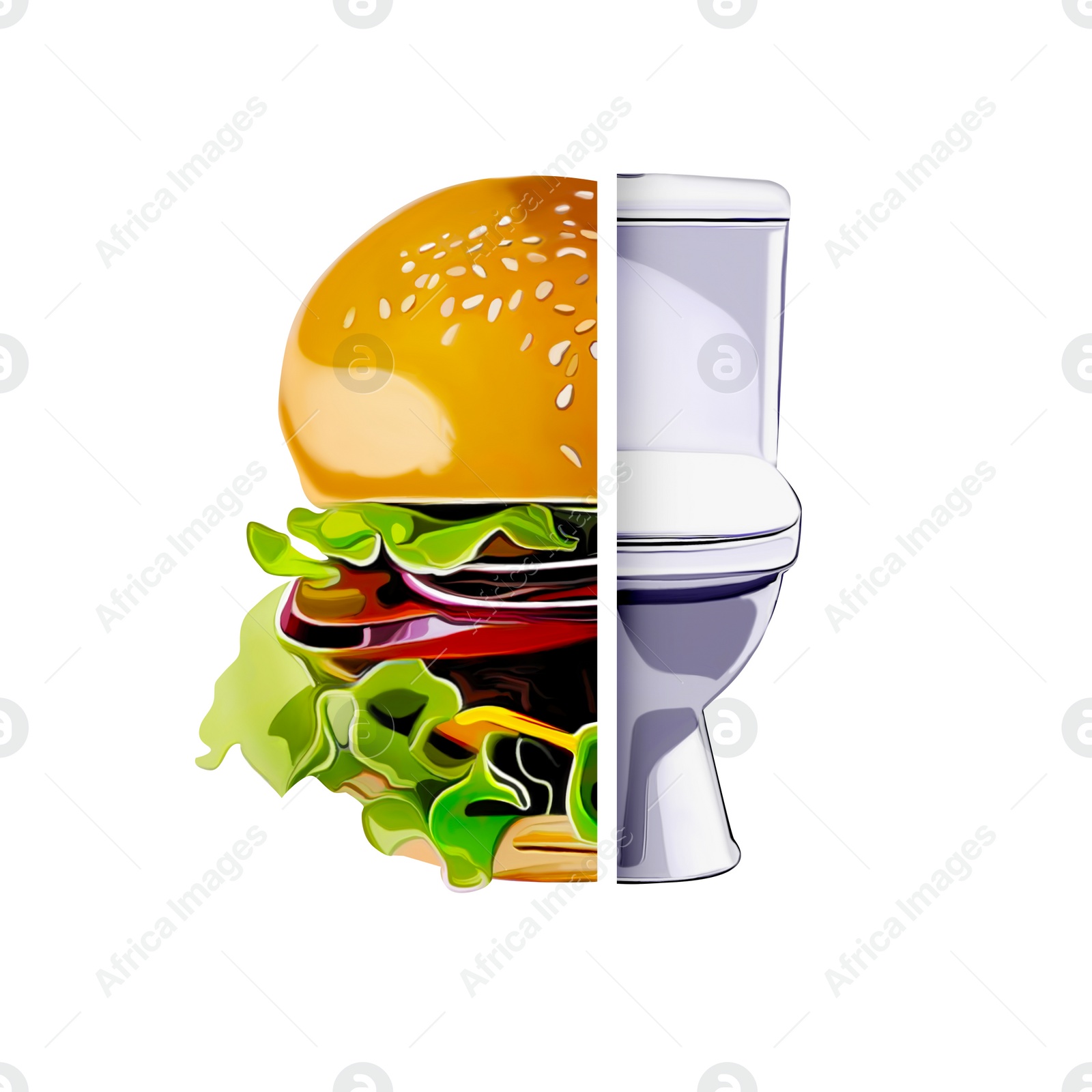 Illustration of Bulimia - eating disorder.  burger and toilet bowl on white background, collage