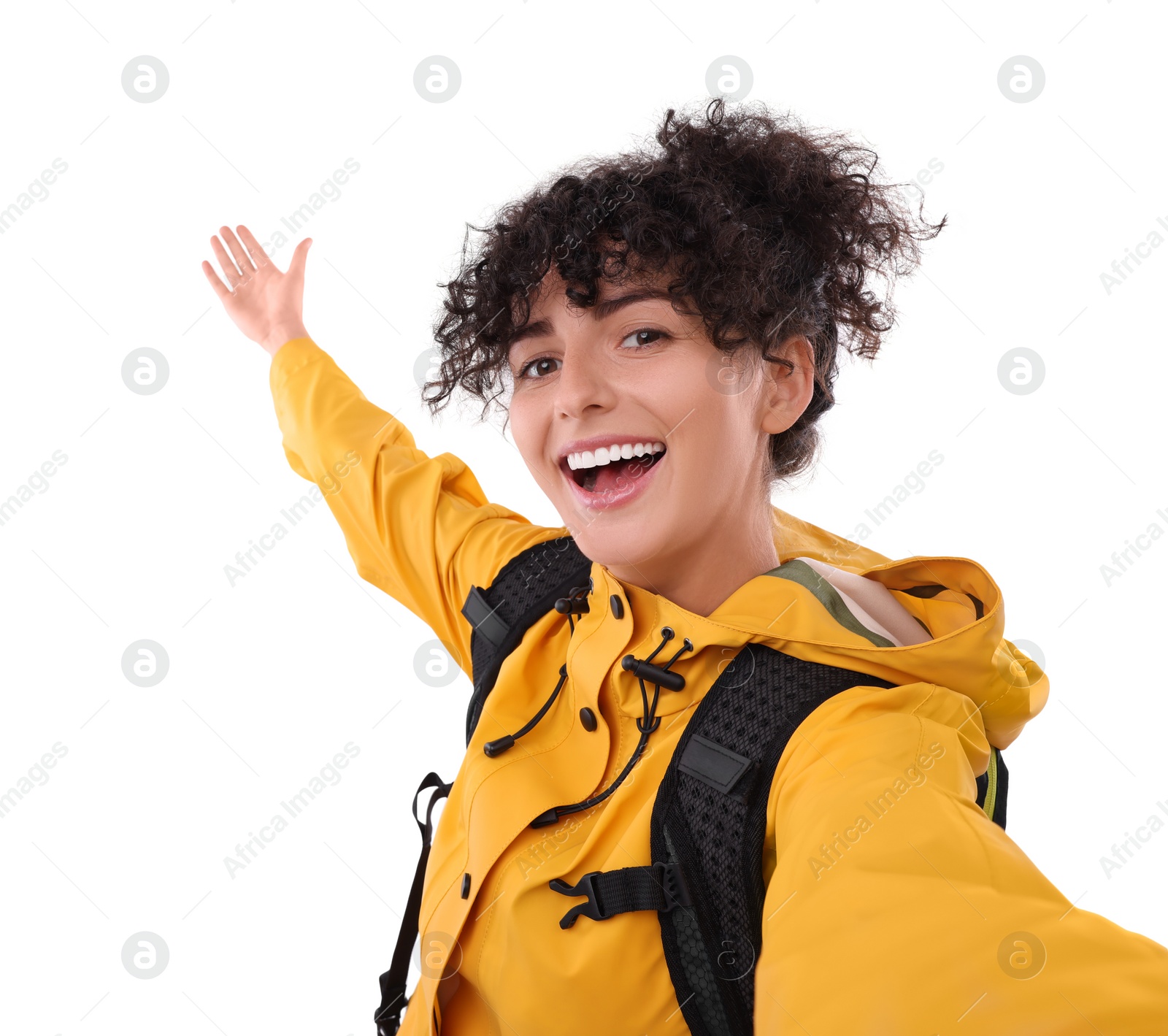 Photo of Beautiful woman taking selfie on white background