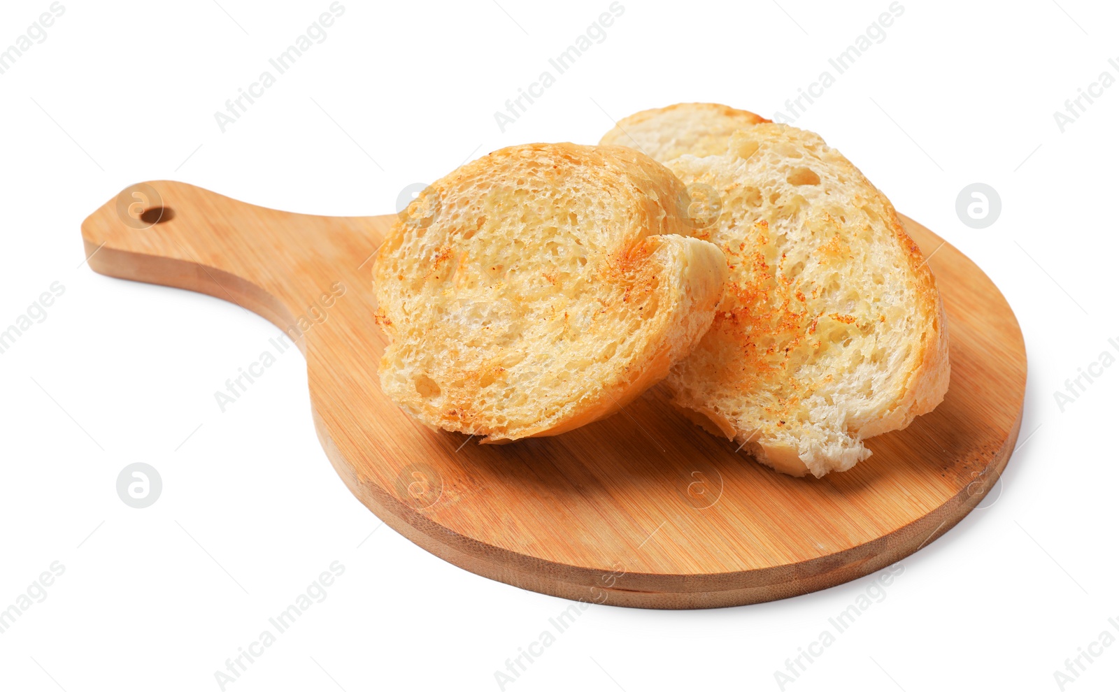 Photo of Pieces of toasted bread isolated on white