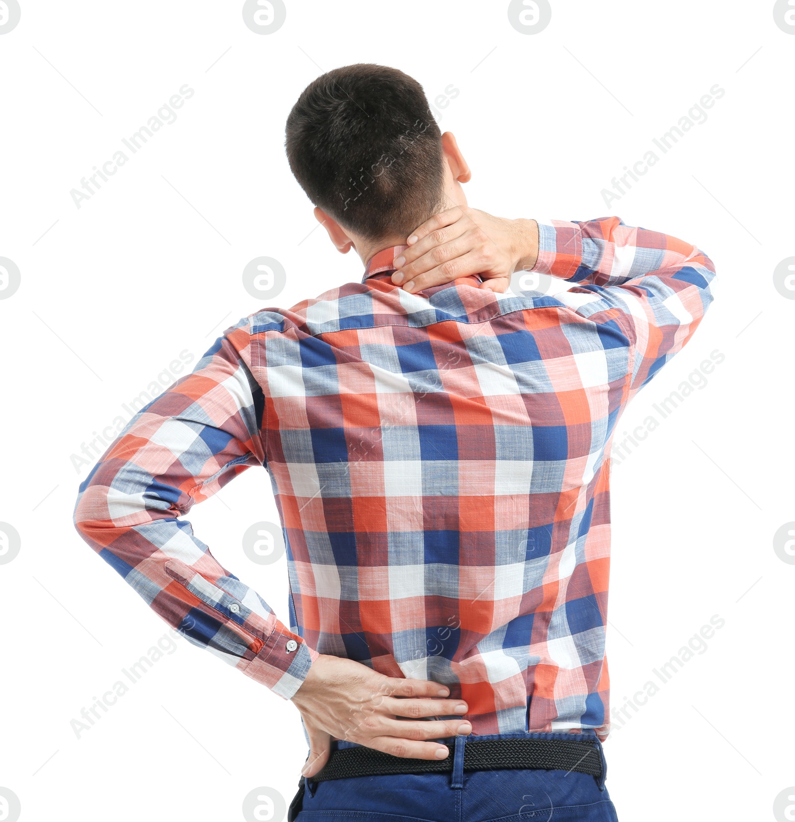 Photo of Young man suffering from back pain on white background