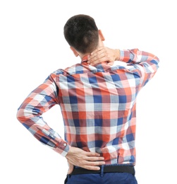 Photo of Young man suffering from back pain on white background