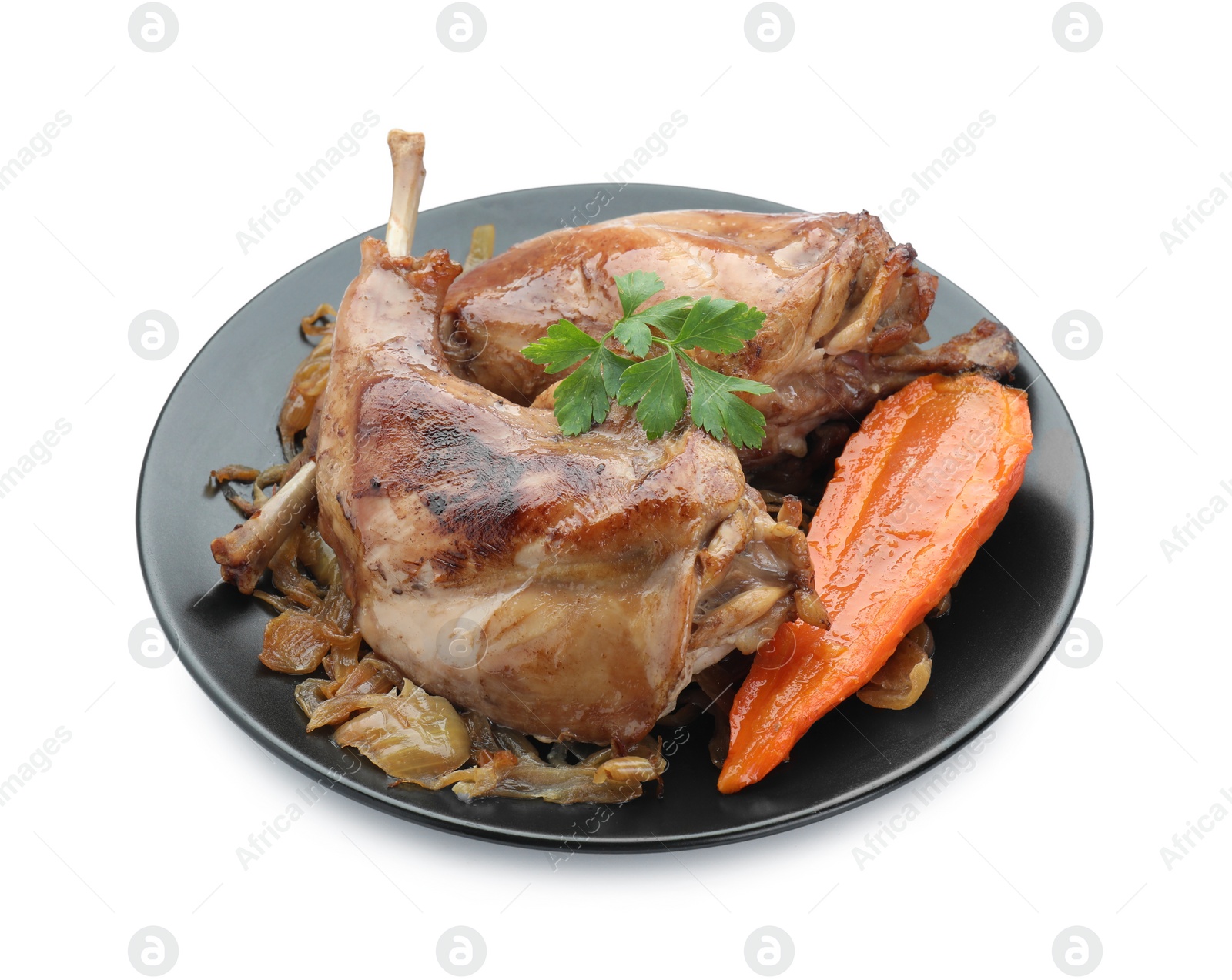 Photo of Tasty cooked rabbit meat with vegetables and parsley isolated on white
