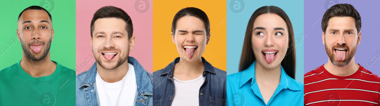 Image of Collage with photos of people showing their tongues on different color backgrounds