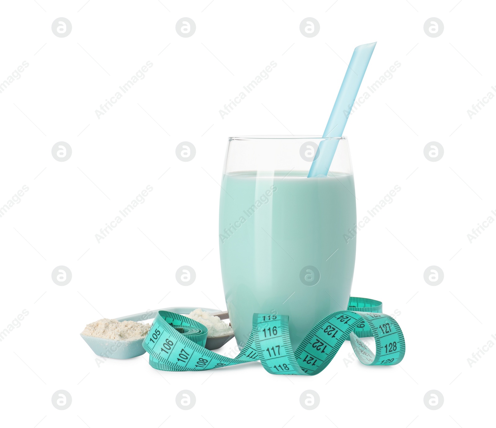 Photo of Tasty shake, measuring tape and scoops with different powders isolated on white. Weight loss