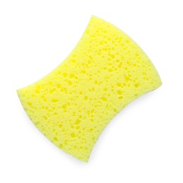 Photo of One yellow sponge isolated on white, top view