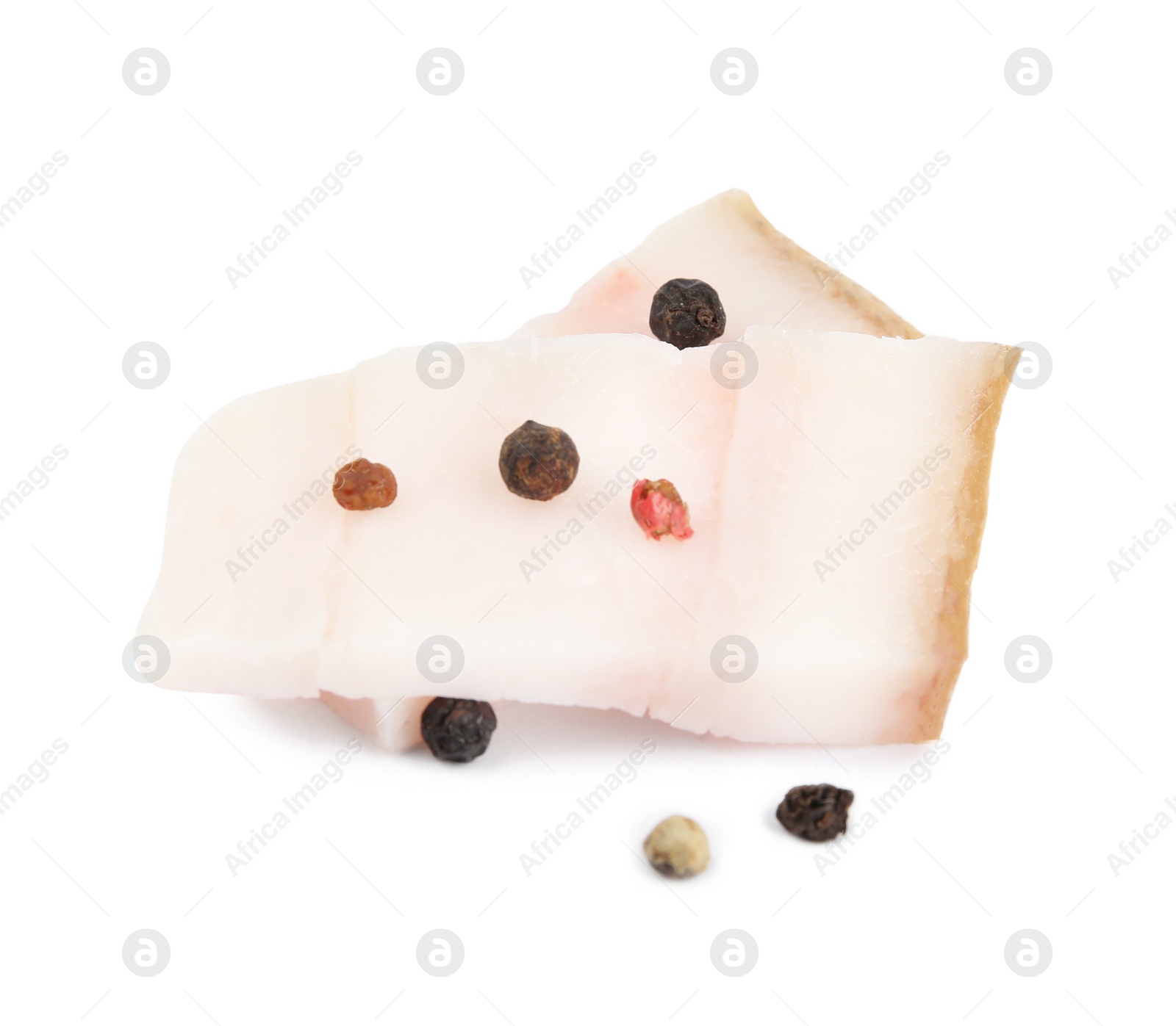 Photo of Slices of pork fatback with pepper isolated on white