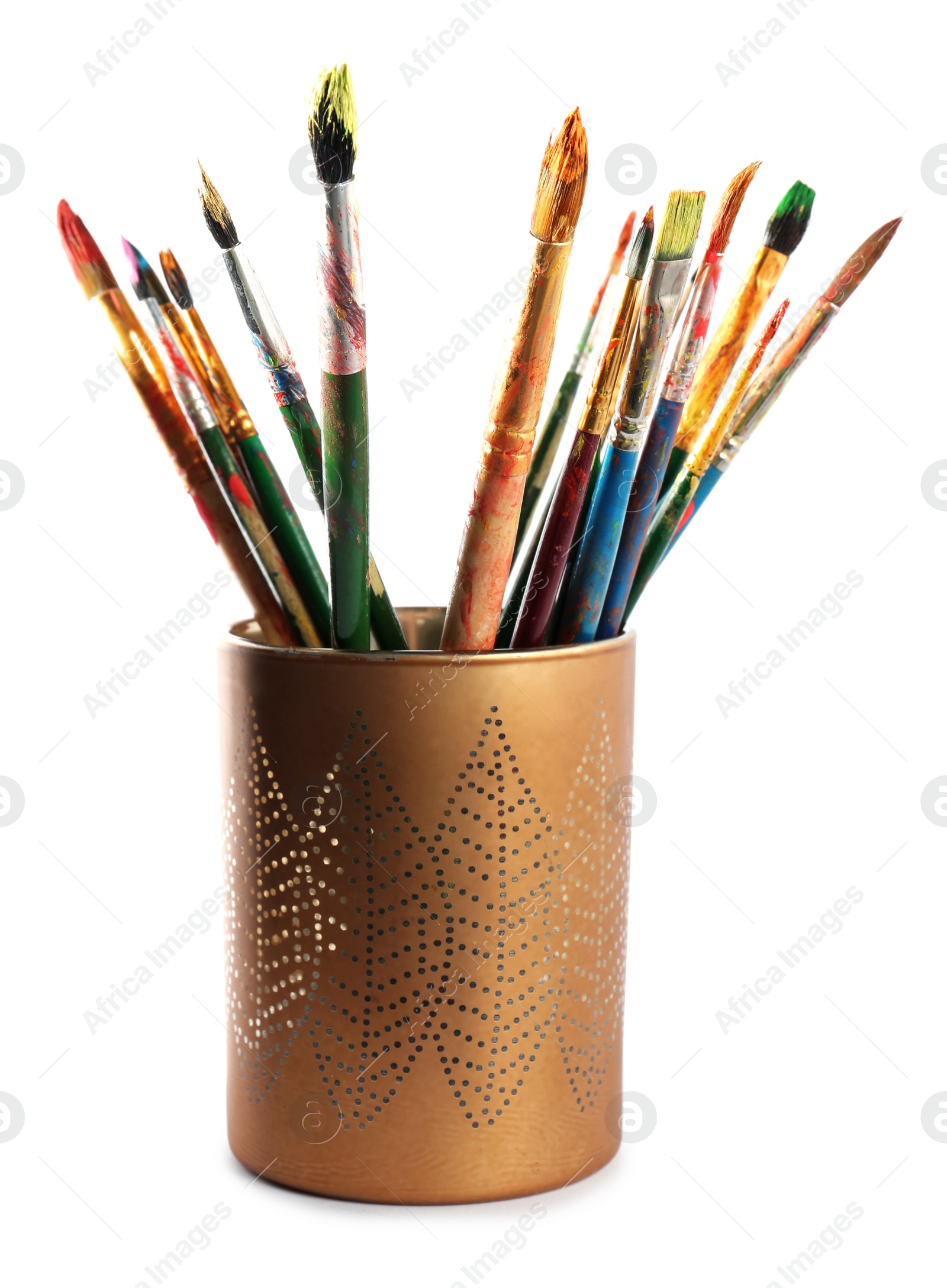 Photo of Holder with different paint brushes on white background