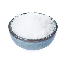 Photo of Ceramic bowl with natural sea salt isolated on white