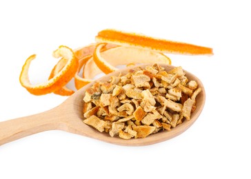 Spoon with dried orange zest seasoning and fresh peel isolated on white