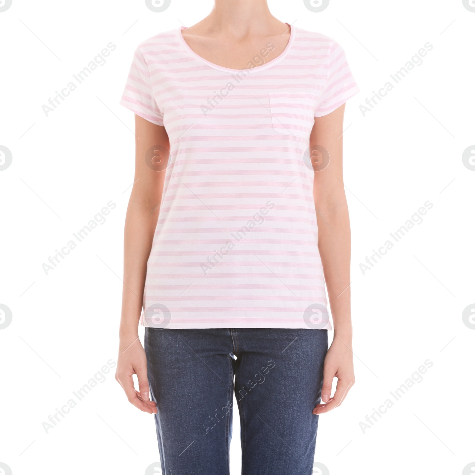 Photo of Young slim woman on white background, closeup. Weight loss