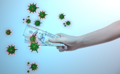 Image of Be careful with money during coronavirus outbreak. Woman with cash, closeup