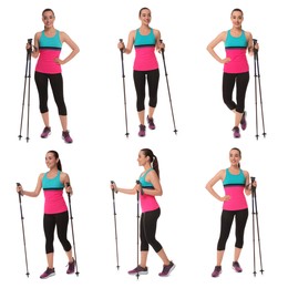 Sporty woman with Nordic walking poles on white background, collage with photos