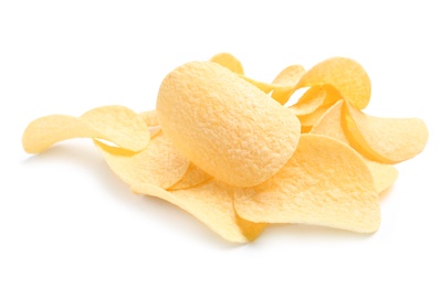 Tasty crispy potato chips on white background