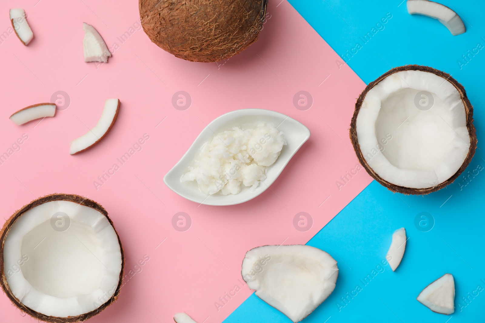 Photo of Flat lay composition with coconut oil on color background. Healthy cooking