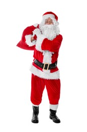 Man in Santa Claus costume with bag posing on white background