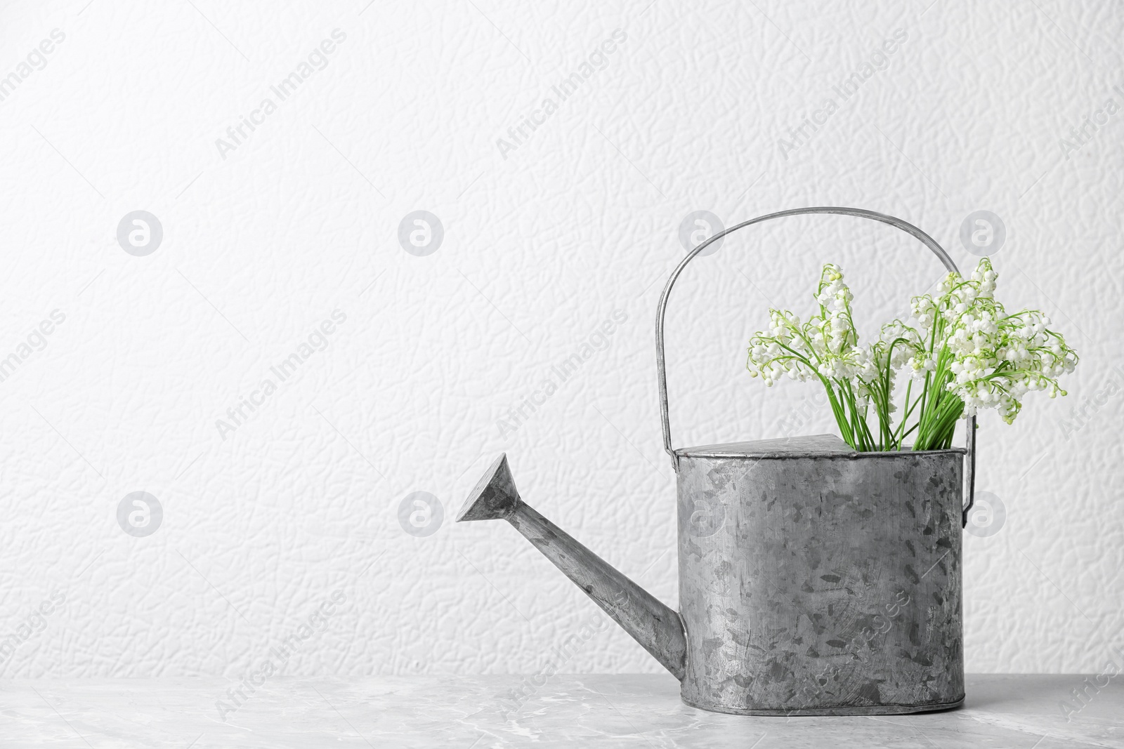 Photo of Beautiful lily of the valley bouquet in watering can on table near white wall, space for text